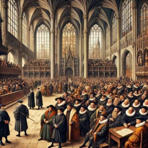 a painting of a large room with a group of people in robes