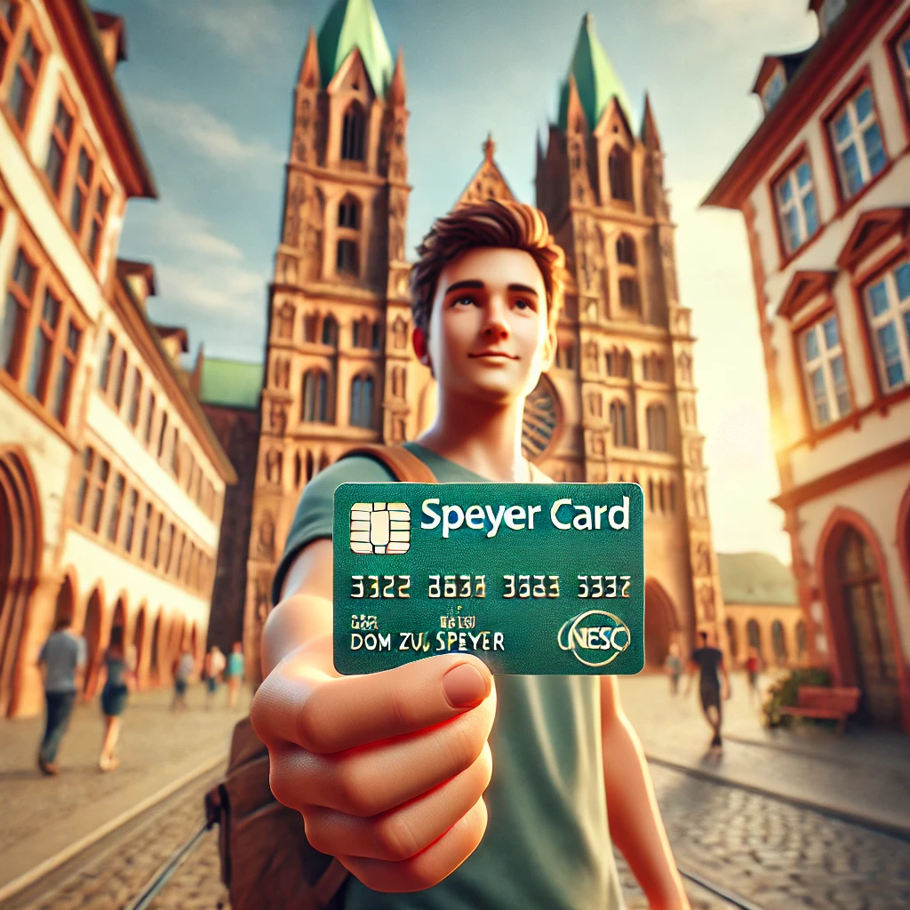 a man holding a card in front of a building