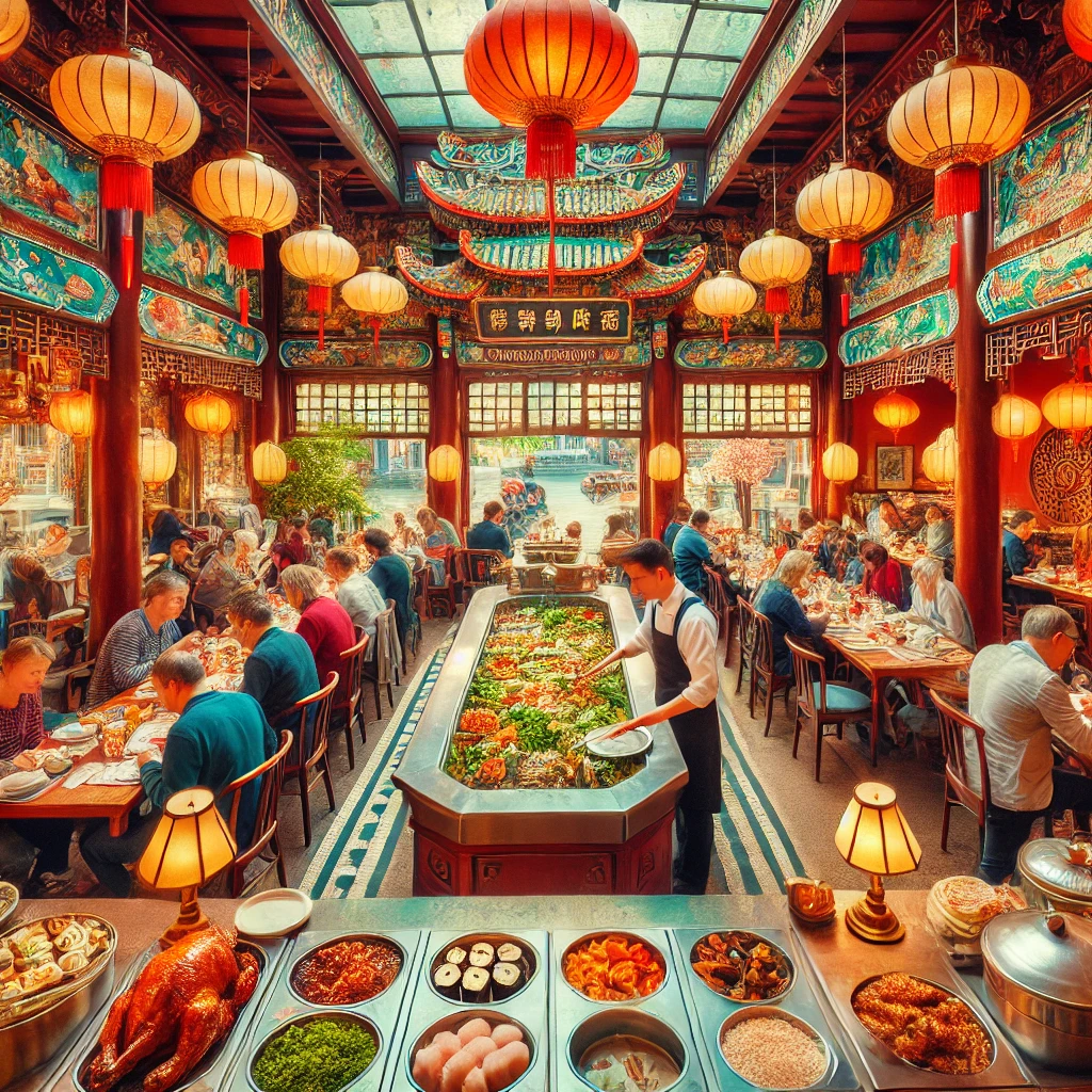 a restaurant with many people eating food